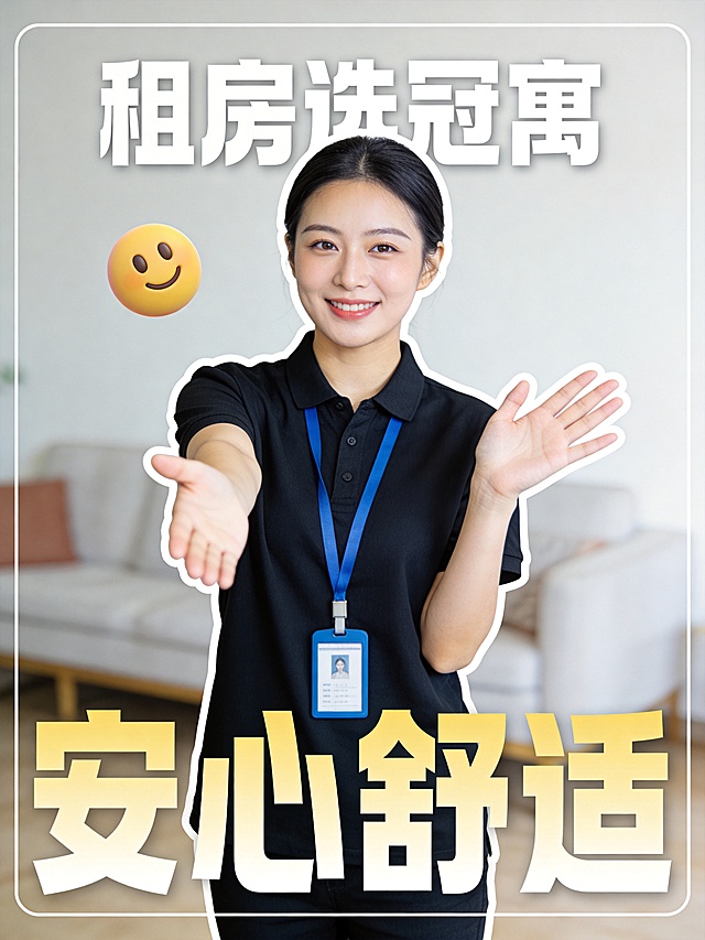 女性职场租房顾问，黑色polo衫，蓝色工作牌
修改人物面部表情为：眼轮匝肌轻收，浅卧蚕，睑裂微呈月牙，瞳孔微失焦，眼神温润
修改人物动作为：双手热情向镜头挥手，身体左右摇摆
景别：胸部以上半身像，平视拍摄角度
人物脸部均匀提亮美白，不假白，自然磨皮不假面，均匀肤色（去除瑕疵、痘痘、红血丝）通透光泽（自然皮肤高光，清透提亮），去油光（T区哑光）
人物主体边缘添加白色细实线外描边，描边仅限人物轮廓，严禁作用于画面文字
[顶部区域：人物叠压在主标题"租房选冠寓"上方，主标题字号较大，占据近半个画面的宽度，极度靠近画面上边缘居中放置]
[中部区域：人物主体占据视觉中心，底部被副标题轻微遮挡]
[底部区域：副标题"安心舒适"作为巨型大字叠压在人物前方并极度靠近画面下边缘，单行平放，字号巨大且横向撑满整个版面边缘]
主标题字体样式：字体颜色为纯白，无描边无投影，现代重型无衬线综艺字体，排版端正对齐无倾斜。字体骨架方正饱满，笔画极其粗壮且横竖等宽，起收笔呈硬朗的几何直角，字内部留白空间被极度压缩但清晰可辨。字间距极其紧凑，呈现强烈的块面感。纯平涂无任何特效，字号较大。
副标题字体样式：字体颜色为奶黄色渐变，无描边无投影，现代重型无衬线综艺字体，排版端正对齐无倾斜。字体骨架方正饱满，笔画极其粗壮且横竖等宽，起收笔呈硬朗的几何直角，字内部留白空间被极度压缩但清晰可辨。字间距极其紧凑，呈现强烈的块面感。纯平涂无任何特效，字号巨大。
一个微笑的黄色3D圆形emoji表情，向左倾斜，小尺寸装饰，放置于画面空白区域。
真实的实景背景，明亮浅色简约客厅，适当虚化处理，柔和均匀的漫射自然光，整体画面亮调通透不昏暗，背景自然虚化不杂乱，真实生活化居家质感，光影自然真实，高清细腻。
画面比例：3:4。
画面填满整个画布，无任何边框或留白，背景色延伸至图片四边边缘，人物和背景完全填充画布。
分辨率为4k。