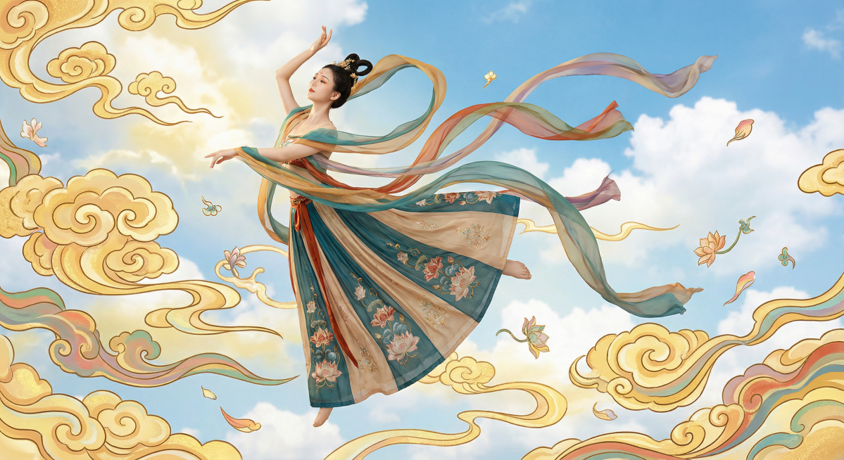 真人模特身披敦煌风格五彩斑斓且轻盈飘 逸的彩带，身着绣有精美莲花图案的华丽裙裾，在天空中翩翩起舞，模特身体周围环绕着 敦煌风格的祥云和飘花，背景是蓝天白云预览效果