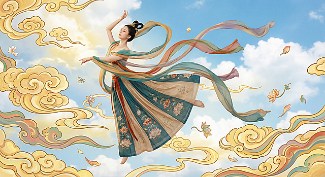 真人模特身披敦煌风格五彩斑斓且轻盈飘 逸的彩带，身着绣有精美莲花图案的华丽裙裾，在天空中翩翩起舞，模特身体周围环绕着 敦煌风格的祥云和飘花，背景是蓝天白云