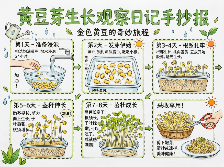 参考豌豆芽生长记录手抄报的排版风格，创作黄豆芽生长观察日记手抄报，马克笔手绘风格，白底手绘风，横版，包含黄豆芽不同生长阶段的分步图文记录，整体清新自然的学生小报设计，保留清晰的文字分区和步骤引导预览效果
