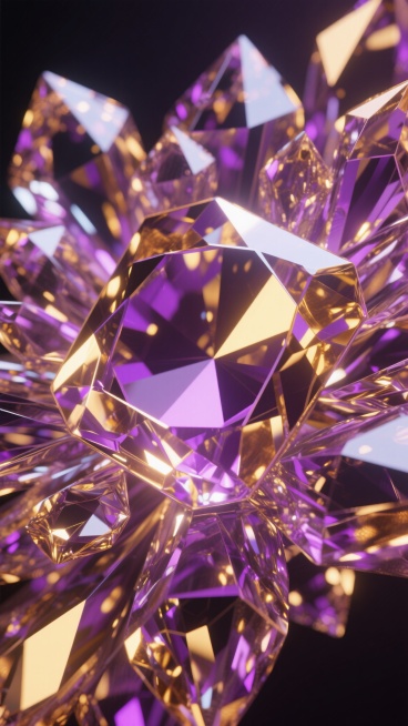 一张以深邃紫色和璀璨金色为主色调的3D渲染钻石晶体特写，无数棱角分明的透明切割面折射出强烈的金色高光和紫色光晕，内部结构清晰可见，光线在晶体间多重反射形成梦幻的光斑效果，整体呈现出奢华、神秘而又极具未来感的视觉氛围，高分辨率，超写实质感，细节丰富。预览效果
