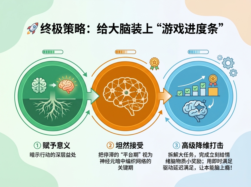 信息图风格，标题为“🚀 终极策略：给大脑装上‘游戏进度条’”，正文内容：① 赋予意义：暗示行动的深层益处。② 坦然接受：把停滞的“平台期”视为神经元暗中编织网络的关键期。③ 高级降维打击：拆解大任务预览效果