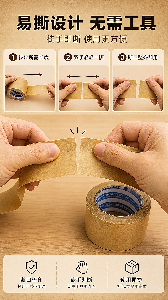 [商品] 使用【图1】自粘牛皮纸带；保留牛皮纸原色、纸卷形态、材质质感；商品处理：展示从纸卷拉出一段胶带的状态，保持产品外观和颜色准确。
[画面] 目标为易手撕使用演示页，展示徒手撕断胶带的便捷性；画面中央为亚洲人手部动作特写，两只手沿横向撕断牛皮纸带，断口整齐；背景为浅木色工作台，旁边放着完整的纸卷；上方为步骤演示，下方为效果展示；阅读动线从上到下。
[视觉] 套系策略：风格=工业风商业摄影+温馨实用感；标题字=粗黑体；正文字=思源黑体；主色=牛皮纸黄棕色；背景延展=基于黄棕色做深浅层级、同色渐变和牛皮纸纹理质感；强调色=深棕色，仅用于小面积图标、引线和标签；标题色=深棕黑色；正文色=中棕色；组件=圆角浅底信息卡、细线引线、图标点缀；光影=左前侧暖柔光，右侧柔和阴影。
[文字] 顶部主标题"易撕设计 无需工具"，副标题"徒手即断 使用更方便"；配三步简短说明："1.拉出所需长度"、"2.双手轻轻一撕"、"3.断口整齐即用"；所有文字横排，步骤文字清晰易读。
[规格] 图片比例9:16竖版，4K，避免变形、错字、文字过小、冷蓝/蓝灰背景、产品颜色改变、结构失真、出现极限词、出现欧美面孔。