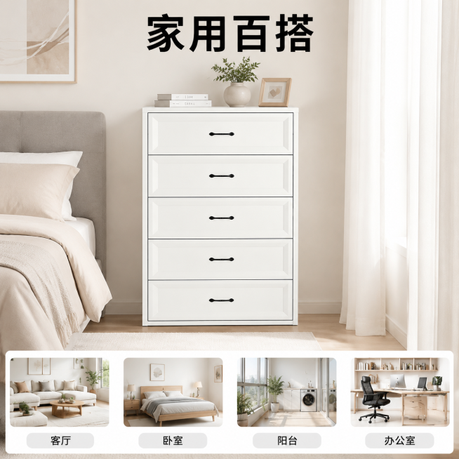 「图片1」，生成一套主图（8张），商品名称是钢制五斗柜，适配淘宝/天猫平台，主图比例为1:1主图 1｜首图（抓眼球 + 核心卖点）
文案： 加厚钢制斗柜｜环保无甲醛｜抽屉收纳柜｜两色可选（纯白色+米白预览效果