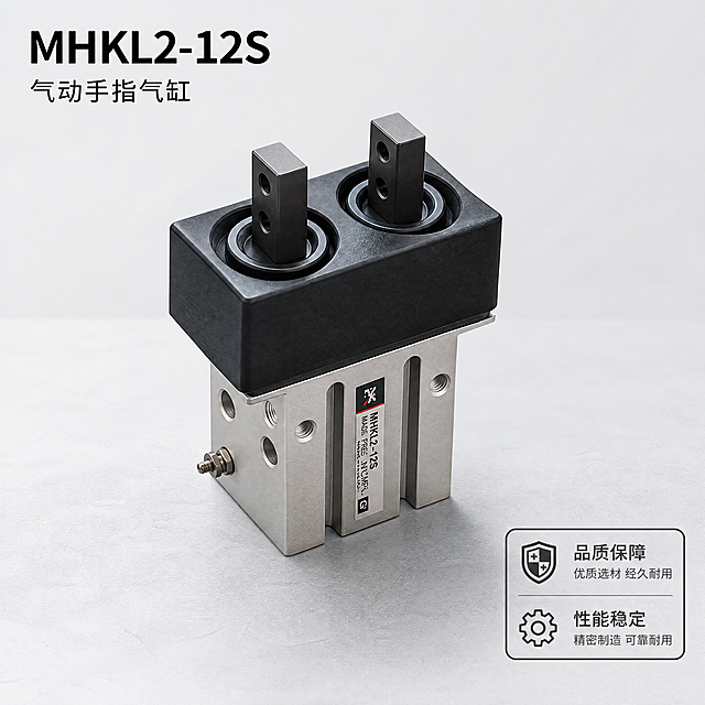 [主图1] MHKL2-12S气动手指气缸首图，专业工业品浅灰色调，保持产品结构颜色与原图一致，产品占比70%悬浮于浅灰工作台，左上型号文字，右下品质标签，1:1比例4K，清晰无变形。
