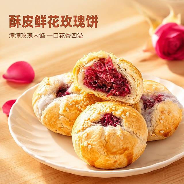 [主图-1] 酥皮鲜花玫瑰饼食欲感首图场景展示，氛围风格温馨自然美食风，参考嘉华饼屋同类型商品风格，画质商业摄影质感，光线柔和通透，产品清晰真实，画面干净高级充满食欲感。元素：将切开的玫瑰饼展示饱满紫红色玫瑰内馅和Q弹麻薯层，四块玫瑰饼堆叠放在干净米白色瓷盘上，背景搭配浅木色桌面和一片新鲜玫瑰花瓣点缀，保持产品外观（物理结构、材质质感、颜色）与输入产品图绝对一致，杜绝任何变形和色差，精细化处理。商品主体占比严格控制在70%左右，画面满屏无边框。光影：自然暖阳侧逆光，突出酥皮的金黄油亮光泽和玫瑰内馅的饱满通透，光线层次柔和，高光不溢出，暗部有细节。配色：主色调暖金黄，搭配玫瑰紫红色和浅木色，清新自然。视角构图：45度斜侧平视，景深适中，主体轮廓完整不裁切。文字版式：左上负空间左对齐留安全边距，大字主文案"酥皮鲜花玫瑰饼"，暖棕红色粗体无衬线最大号字；下方辅助文案"满满玫瑰内馅 一口花香四溢"，字体缩小一半，同色系浅色。输出要求：1:1比例，文字清晰可辨，超高清商业摄影质感。负向提示词：变形，文字错乱，产品图模糊，背景杂乱，水印，电商平台Logo，添加任何平台标识