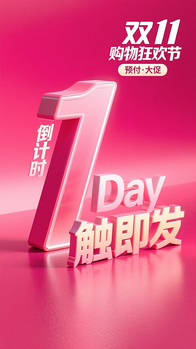 背景为玫红渐变。画面中心是一个立体的、左后侧倾斜的、带有长投影效果的数字 “1”。数字左侧有竖排的 “倒计时” 文字，右侧有 “Day” 字样。数字下方是扁平、从地面突出、右前侧倾斜、立体的 “触即发” 文字，同样有渐变。顶部设置 “双11购物狂欢节” 标签，搭配 “预付·大促 ”文字