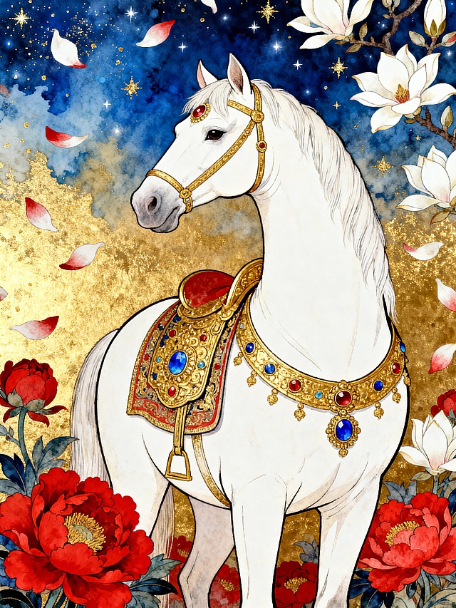 复古风格，特写一匹白色色唐马（佩戴宝石镶嵌的金马鞍），静立回望的定格瞬间。场景为红色牡丹与白色玉兰相间的中式花园，花瓣飘落。天空为蓝金渐变的古典水彩星空，星星如细小金粉。整体色调金、牡丹红、白、蓝金。