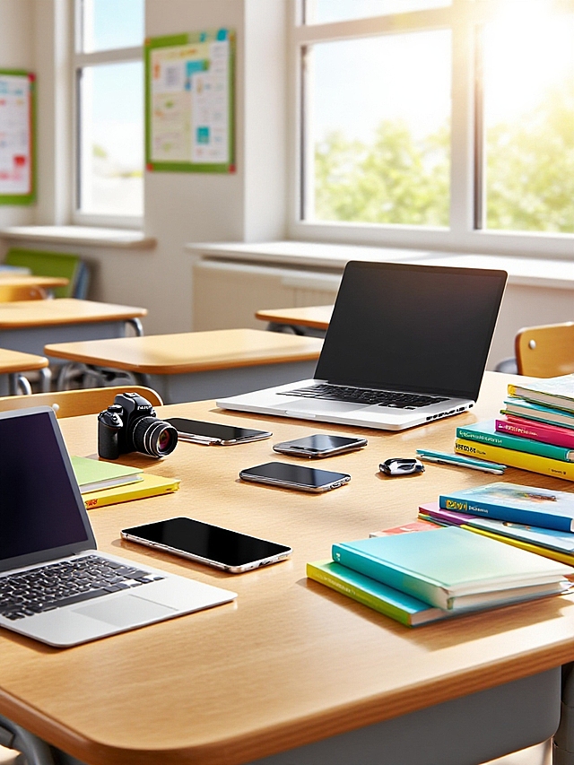 现代简约教室，科技设备与书籍交织，自然光洒落，清新明亮。