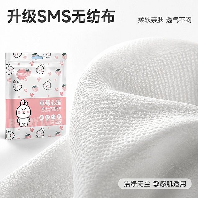 使用电商主图技能生成5张比例1:1的电商主图，适配平台为淘宝/天猫，商品为「图片1」，商品卖点为旅行一次性床单，全新升级独立包装即拆即用 ，升级SMS无纺布 柔软亲肤