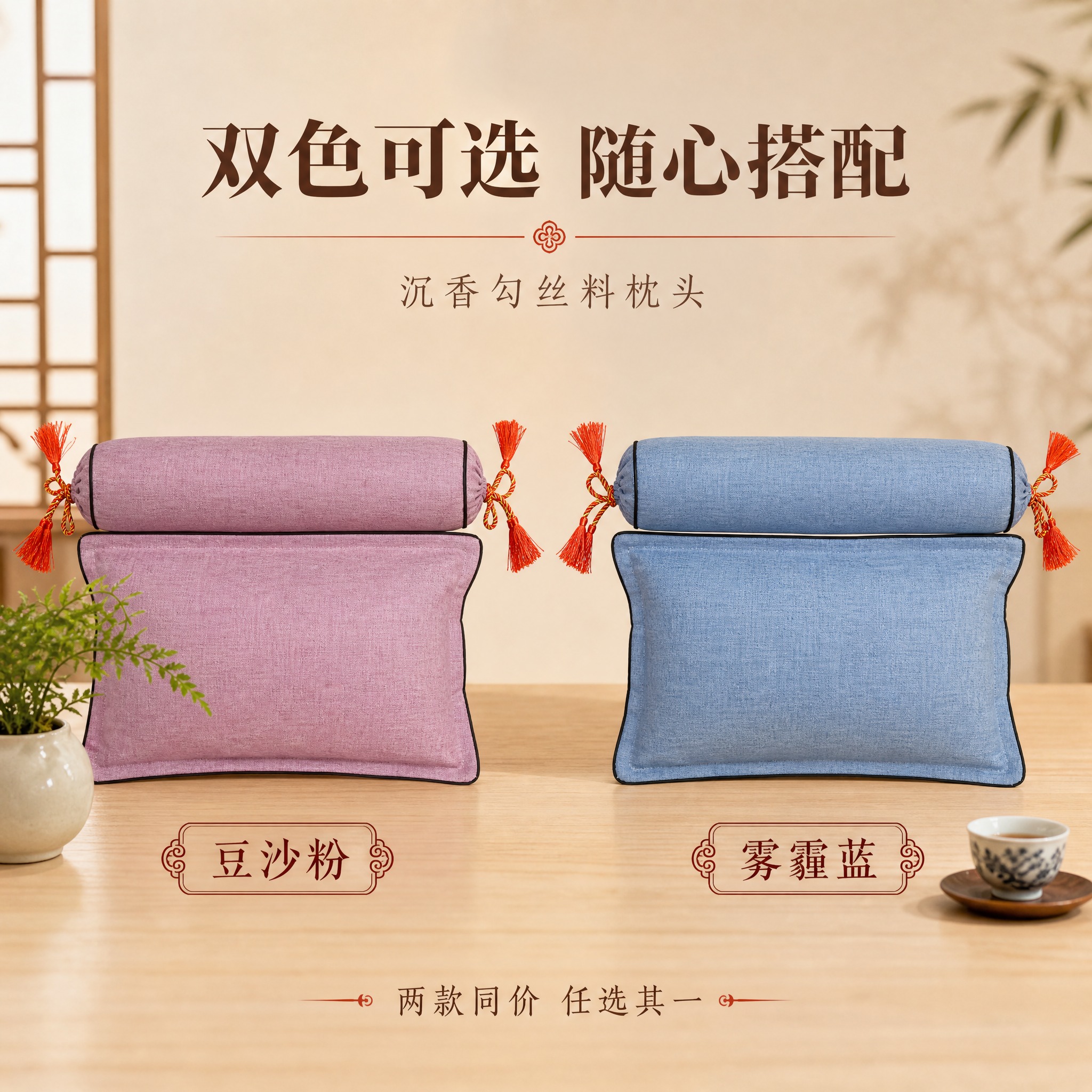 [双色展示主图] 沉香勾丝料枕头双色款式展示，告诉消费者有粉紫… - 图片创意预览