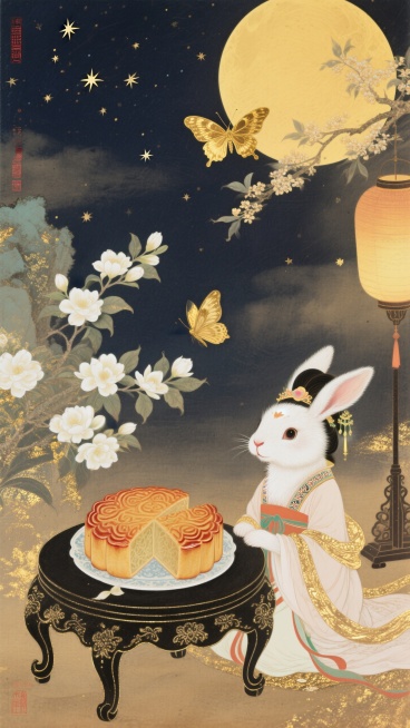 画面中央是一只坐在地上、身着嫦娥服饰的拟人化玉兔，前面是切开的精美巨大月饼，月饼置于带有花纹的黑色小桌上。周围有盛开的茉莉花、金色蝴蝶，右上方是巨大圆月和桂花枝，背景朦胧夜空过渡暖黄色调，点缀星星、小预览效果