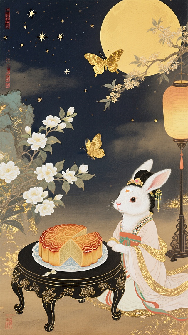 画面中央是一只坐在地上、身着嫦娥服饰的拟人化玉兔，前面是切开的精美巨大月饼，月饼置于带有花纹的黑色小桌上。周围有盛开的茉莉花、金色蝴蝶，右上方是巨大圆月和桂花枝，背景朦胧夜空过渡暖黄色调，点缀星星、小灯笼