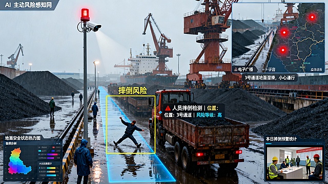 画面以港口散货装卸作业区为背景，呈现阴雨天气下的白昼场景。地面因雨水略显湿滑，堆放的散货轮廓湿润，装卸机械正在作业，工人身着雨衣往来穿梭。

核心事件发生在一处略有积水的通道上：一名搬运工人因地面湿滑突然失去平衡，身体后仰，正处于摔倒的瞬间。

安装在附近灯杆与机械上的多台AI摄像机协同响应。主视角摄像机的识别算法瞬间完成分析：

姿态异常识别：摔倒者的失衡姿态被一个黄色动态识别框精准锁定，系统通过动作序列分析判定为“摔倒风险”。

环境关联标注：画面中湿滑的地面区域被半透明的蓝色高亮覆盖，提示“地面湿滑预警”。

智能预警触发：识别框旁弹出警报：“人员摔倒检测 | 位置：3号通道 | 风险等级：高”。

预警系统立即启动多层响应：

现场的声光报警器发出旋转的红色闪光与短促警示音。

监控中心大屏上，该区域画面自动弹窗放大，电子地图对应点位开始红色闪烁。

应急广播同步播出语音提示：“注意，3号通道地面湿滑，请小心通行”。

数据分析侧屏正展示全港区的“地面安全状态热力图”与“本日摔倒预警统计”。另一块屏幕播放着安全培训视频的片段，体现“人防+技防”的结合。

整体氛围在港口的繁忙作业中凸显技术的冷静守护。科技感精确地体现在毫秒级的姿态识别、环境风险关联标注与多系统联动响应上。画面强调AI监控系统如何作为一道“主动的风险感知网”，通过智能分析将人员行为与环境因素相结合，实现从事后处置到事前预防的转变，为港口动态作业环境中的跌倒风险构筑实时防线。