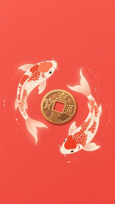 两条锦鲤围着铜钱，红色背景，梦幻氛围，简单干净，低饱和度，插画风格预览效果