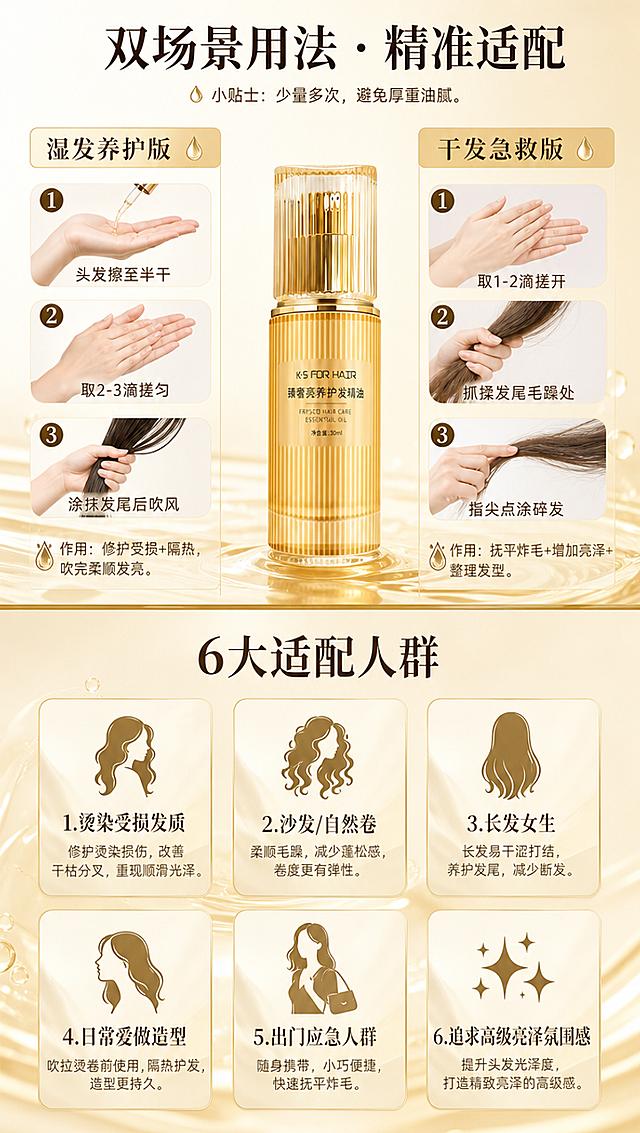 [商品] 使用【图5】英中国际臻奢亮养护发精油小金瓶；保留金色竖纹瓶身、瓶盖、瓶身标签文字；产品配合使用步骤展示。
[画面] 页面目标：使用方法教程+精准适配人群。上下分栏布局，上半部分为双用法步骤演示（左右分栏：左湿发养护版，右干发急救版），每栏有2-3步手部动作小图示意（取精油→搓开→涂抹发尾），配步骤文字；下半部分为6大适配人群卡片网格（2行3列），每张卡片有人群图标+适用理由。上半部分中央放置小金瓶产品，占画面约20%。背景为浅香槟金渐变，上下区用金色细线分隔。
[视觉] 套系策略：风格=欧美轻奢高级商业摄影；标题字=经典衬线粗体（Didot风格）；正文字=现代无衬线体；主色=暖香槟金；背景延展=基于暖香槟金做深浅渐变、细腻缎面纹理、水滴/精油纹理装饰；强调色=深棕金，仅用于步骤编号、人群图标、分割线；标题色=深棕褐色；正文色=暖棕灰；组件=圆形步骤编号、圆角人群卡片、金色分割线、小手部动作示意；光影=顶部柔光，产品有通透玻璃高光。
[文字] 顶部主标题「双场景用法 · 精准适配」。上半部分左栏「湿发养护版」：1.头发擦至半干 2.取2-3滴搓匀 3.涂抹发尾后吹风 → 作用：修护受损+隔热，吹完柔顺发亮。右栏「干发急救版」：1.取1-2滴搓开 2.抓揉发尾毛躁处 3.指尖点涂碎发 → 作用：抚平炸毛+增加亮泽+整理发型。小贴士：少量多次，避免厚重油腻。下半部分6类人群：1.烫染受损发质 2.沙发/自然卷 3.长发女生 4.日常爱做造型 5.出门应急人群 6.追求高级亮泽氛围感。文字均为横排。
[规格] 图片比例9:16竖版，4K分辨率，负向提示：避免变形、错字、文字过小、冷蓝背景、连续同构、产品结构改变、医疗化表述。