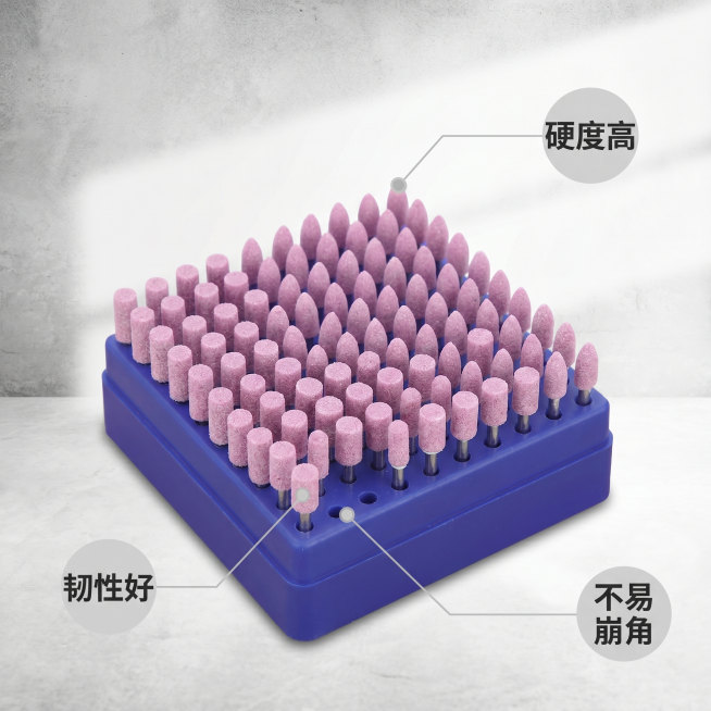 [主图 2] 砂轮磨头核心卖点展示主图。[氛围风格] 灰白现场工业风，专业硬核质感。[画质] 商业摄影质感，光线硬朗通透，产品清晰真实，画面干净高级。[元素] 原产品盒装砂轮磨头放置在画面中心偏上，围预览效果