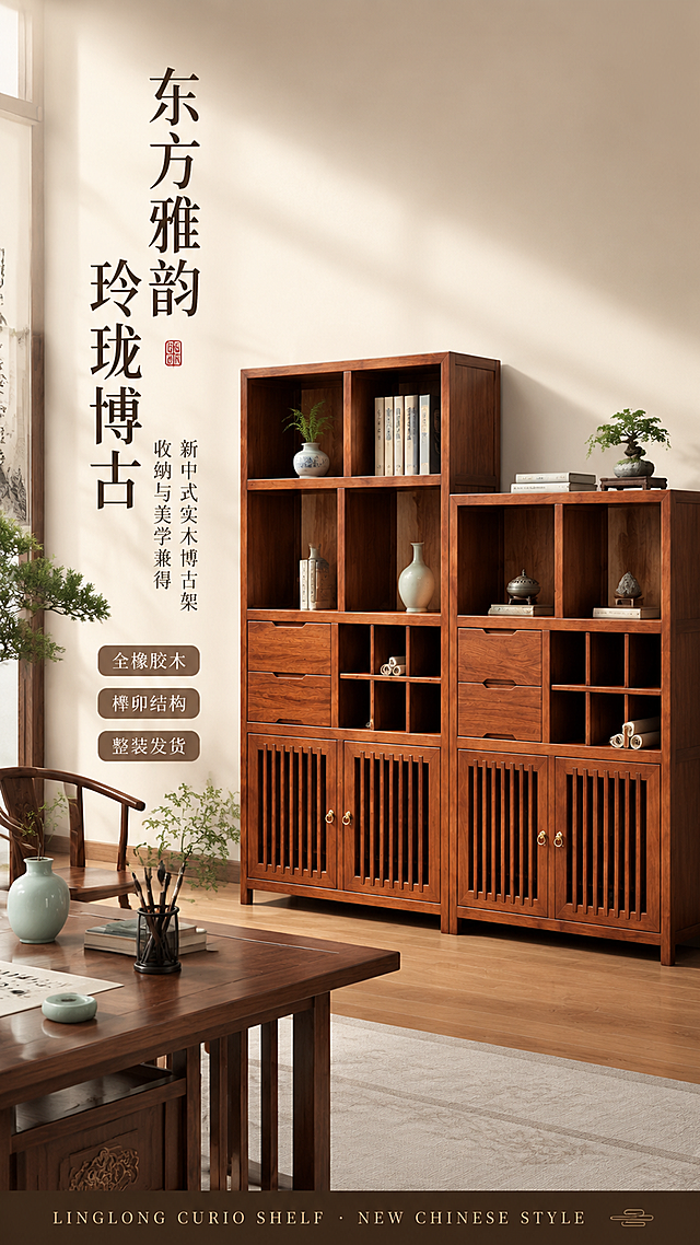 [第1屏] 详情页头图-玲珑博古架新中式书房整屋主视觉海报。本屏使用【图5】高低组合款博古架作为商品主体。
[氛围/风格] 新中式东方雅致风，温润禅意，书香门第氛围，商业摄影级高清质感，自然光柔和。
[元素布局] 博古架高低组合置于画面右侧，占比约60%-65%，正面微侧45度角展示全貌；左侧为新中式书房场景，配有实木书桌、文房四宝、青瓷花瓶、卷轴字画、绿植盆栽等软装元素；背景为米白色墙面与木质地板，营造雅致书房氛围；产品物理结构、比例轮廓、格栅柜门、抽屉、酒格、层板等关键部件与输入图完全一致，橡胶木棕红色调保持一致。
[光影质感] 左侧45度自然光为主光源，右侧辅光补光，柜体木纹清晰可见，底部柔和自然投影，整体温润明亮。
[配色色系] 全局底色 #F5F0E6（米杏色）；主色深棕木色；辅助色米白、墨绿、青瓷蓝点缀。
[视角构图] 正面微侧45度平视视角，景深适中，阅读动线左上标题→右侧产品→底部信息条。
[文字版式] 左上竖列标题区版式。主标题「东方雅韵 玲珑博古」，副标题「新中式实木博古架 收纳与美学兼得」，主副标题左对齐，宋体字形；标题下方3个胶囊形卖点标签：「全橡胶木」「榫卯结构」「整装发货」；底部通栏英文装饰「LINGLONG CURIO SHELF · NEW CHINESE STYLE」；文字不遮挡柜体主体。
[比例分辨率] 9:16竖版比例，4K分辨率，文字清晰可辨，高清画质。
[负向提示词] 柜体变形，结构错误，缺件错件，颜色偏差，水印，文字错乱，文字过小，产品图模糊，背景杂乱，现代风格元素。
