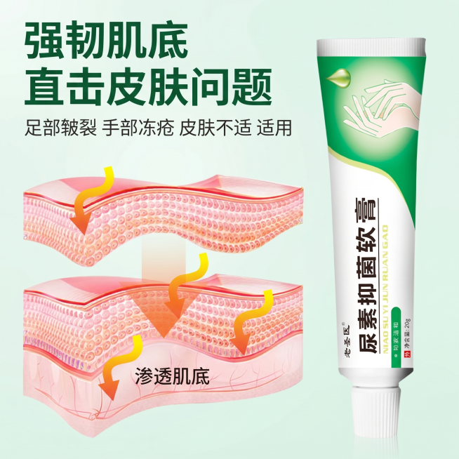 [主图 2] 尿素抑菌软膏功效原理主图
[氛围风格] 专业科研医疗风，清晰直观
[画质] 商业插画质感，线条清晰，色彩通透，画面干净高级
[元素] 皮肤结构剖面示意图占据画面左侧，软膏产品管体放置在画预览效果