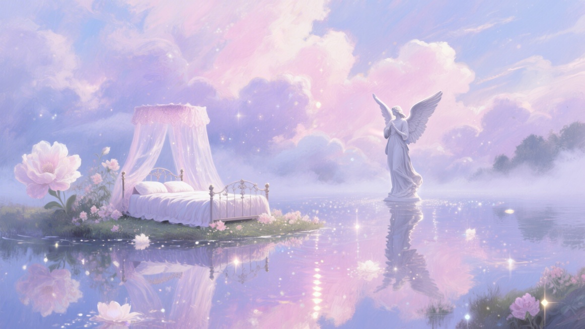 湖面倒影・天使与花床印象派油画，粉紫色天空倒映在平静如镜的湖面上，云海中漂浮着复古纱幔大床，湖畔立着展翅天使雕塑，巨大梦境花朵漂浮水面，水雾朦胧，松散笔触，光影温柔流动，粉白、淡紫、柔蓝交织预览效果