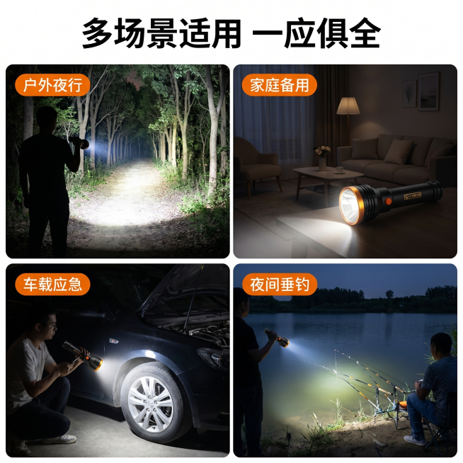 [主图 4] 强光手电筒多场景适用展示图
[氛围风格] 生活化场景，真实实用
[画质] 商业摄影质感、光线柔和通透、产品清晰真实、画面干净高级
[元素] 四宫格布局展示手电筒不同使用场景：左上户外夜路预览效果