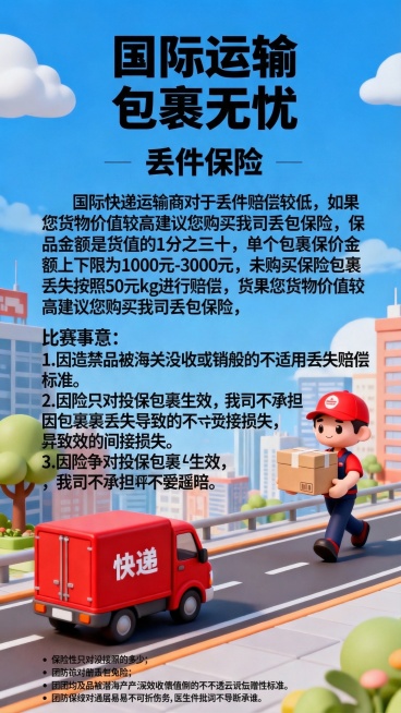 将这张国际运输丢件保险海报的所有文字改为纯黑色，提升文字清晰度，其余画面内容和风格保持不变预览效果