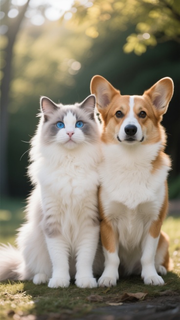 超写实风格摄影，一只蓝眼睛的灰白相间布偶猫与一只棕白相间的柯基犬亲密并排坐在一起，猫在左侧，犬在右侧，二者体型比例协调，姿态自然放松，眼神温和看向镜头，细节精致，毛发质感细腻柔软，猫的蓬松长毛与犬的短绒毛纹理清晰，户外自然环境背景，阳光柔和，整体画面清新明快，色彩真实自然，构图居中对称，视觉焦点突出，营造温馨和谐的氛围。预览效果