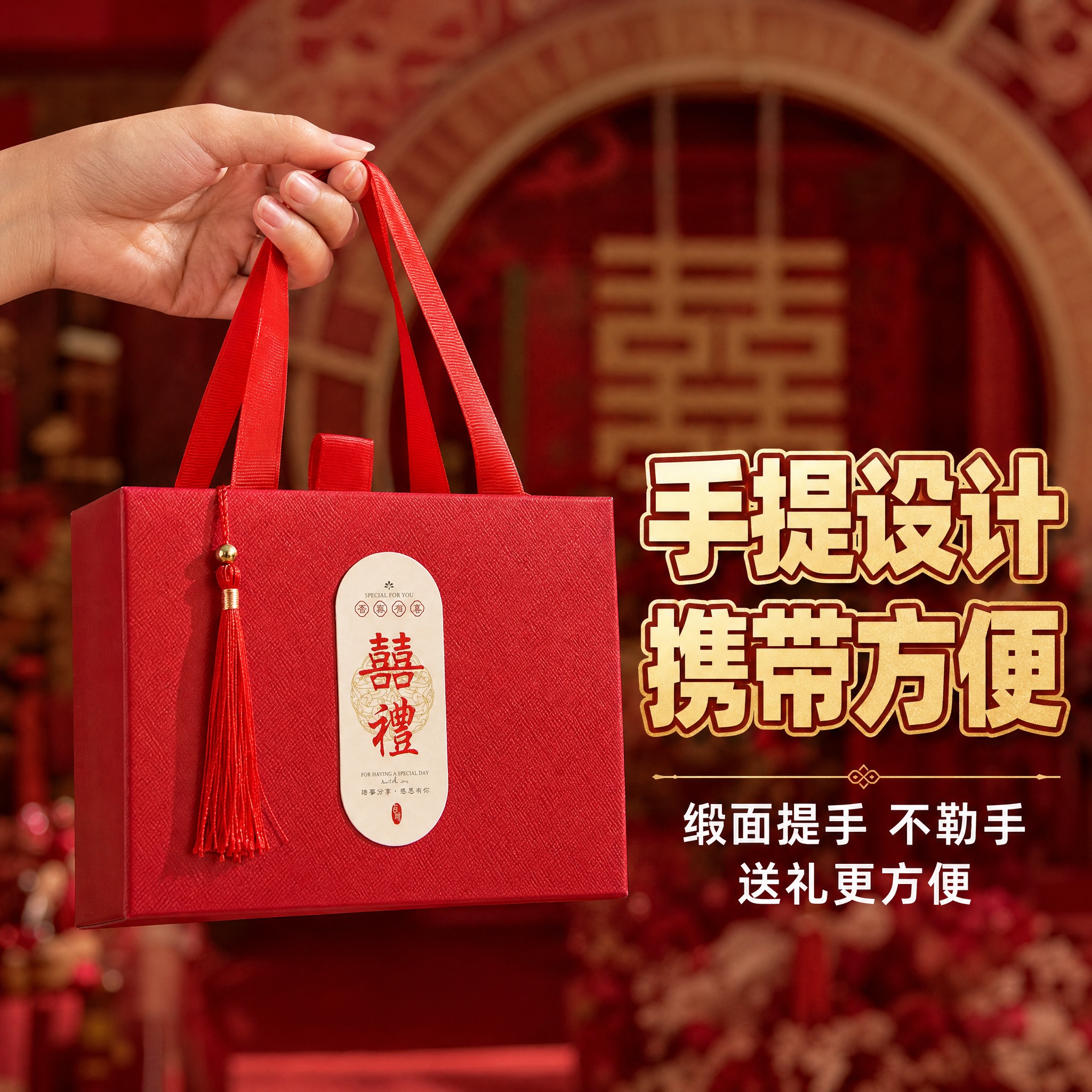 [主图-7] 新中式结婚喜糖盒子 手提便携展示 手持效果。 [… - 图片创意预览
