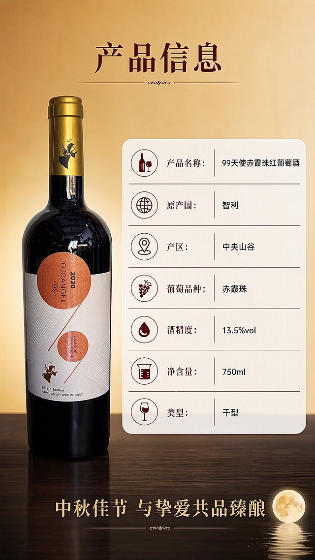 [商品] 使用【图2】99天使赤霞珠红葡萄酒单瓶图，置于画面左侧，占画面约35%，保留瓶身造型、酒标文字和玻璃质感，酒标清晰可读。
[画面] 目标：规格信息页+收尾转化。构图：左瓶右表，左侧产品瓶身立放在深木色台面上，右侧是产品参数信息表，表格清晰规整。背景是暖金色渐变，底部有微弱台面倒影，整体专业可信。画面底部有柔和的中秋氛围收尾语。
[视觉] 套系策略：风格=真实商业摄影，低AI感，干净专业光影；标题字=宋体衬线粗体，端庄大气；正文字=简洁无衬线体；主色=深酒红+暖金；背景延展=暖金到米白的渐变，底部深木色台面；强调色=深酒红色，仅用于表格标题和分隔线；标题色=深酒红色；正文色=深炭灰；组件=白色圆角表格、细酒红色分隔线、参数图标；光影=正面柔光，瓶身清晰，表格区域明亮易读。
[文字] 画面顶部居中主标题"产品信息"，右侧表格内容："产品名称：99天使赤霞珠红葡萄酒""原产国：智利""产区：中央山谷""葡萄品种：赤霞珠""酒精度：13.5%vol""净含量：750ml""类型：干型"。画面底部收尾语"中秋佳节 与挚爱共品臻酿"，所有文字横向排版，清晰易读。
[规格] 图片比例9:16竖版，4K，负向提示：避免礼盒、包装盒、冷蓝色调、文字竖排、文字过小、瓶身变形、酒标错乱、AI感过重、塑料质感、模糊、错字、参数错误。
