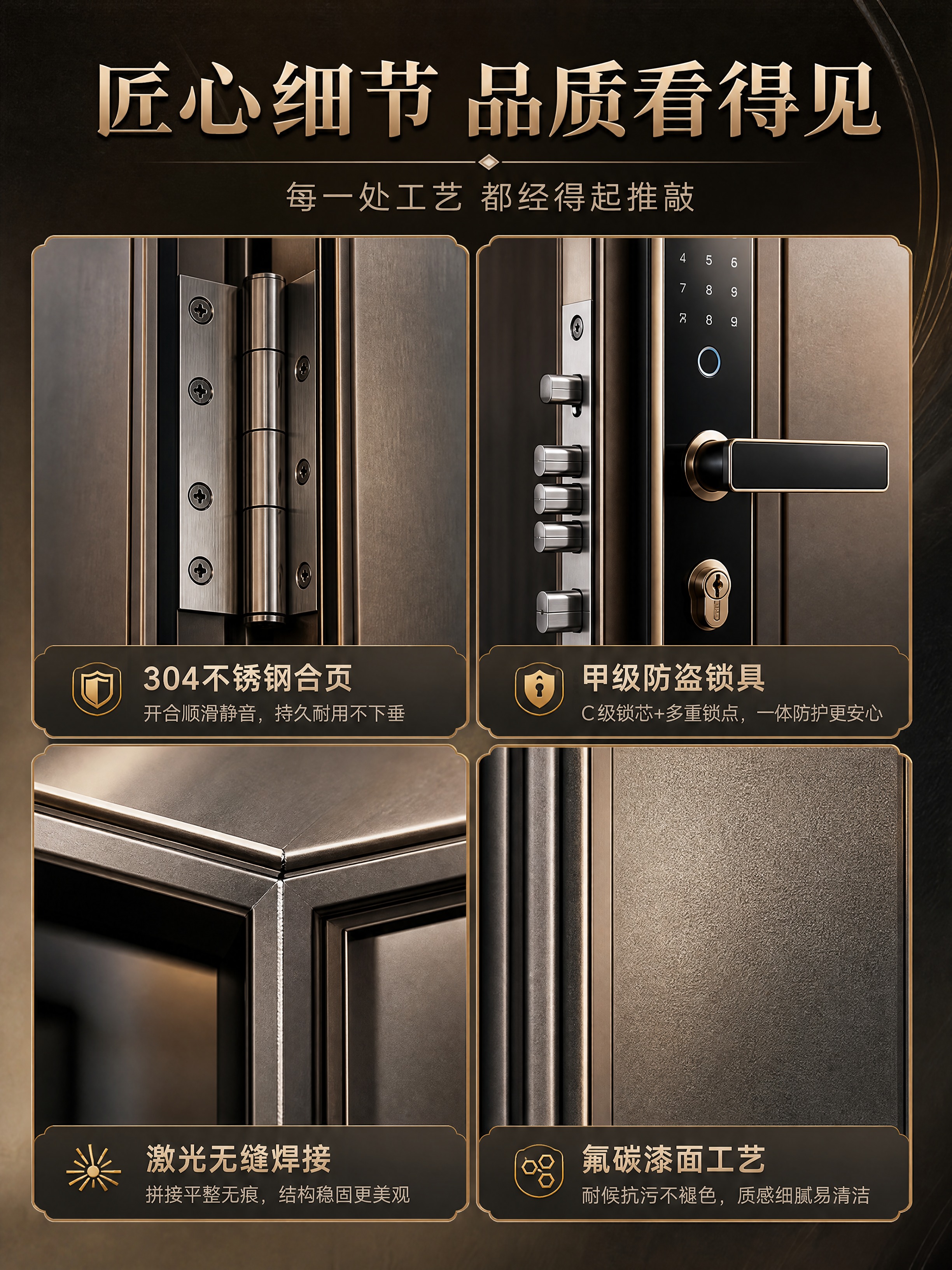 [商品] 全铝门四大核心细节特写：精密合页、C级防盗锁具、激光… - 图片创意预览