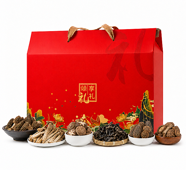 产品精修，产品置于纯白背景上，专业商业棚拍光，5500K标准中性白光，轮廓光，体积光，曝光正确，强烈真实立体感，接地处保留干净浅淡的自然接触阴影，严禁大片投影、脏灰阴影和悬浮感，主体居中，商品完整入画不裁切，极致超清画质，细节清晰锐利，商业级实拍质感，保留原图真实材质与结构细节，将从左数第5个白碗中的羊肚菌替换为野生牛肚菌，牛肚菌形态饱满、纹理清晰、质感真实，与最右侧木碗中的牛肚菌品种一致，白碗容器保持不变，红色礼盒和其余5种食材（羊肚菌、鹿茸菇、香菇、黑木耳、牛肚菌）完全不变，锁定红色礼盒的轮廓、结构、文字图案、提手和细节，标准透视校正，正常透视焦段，保持前侧视图机位