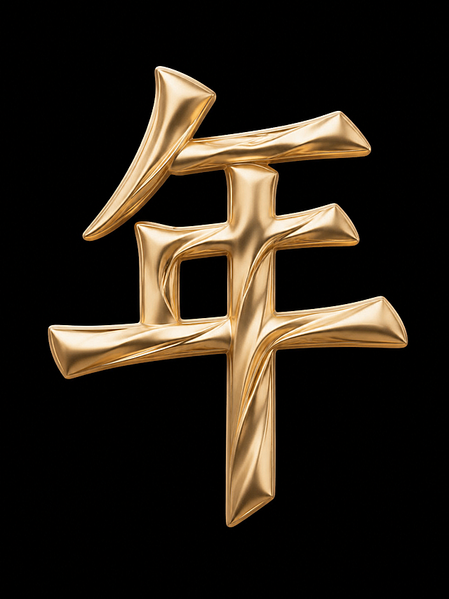 参考参考图的金色丝绸扭曲质感3D立体风格，生成汉字"年"，黑色背景，和参考图风格保持完全一致
