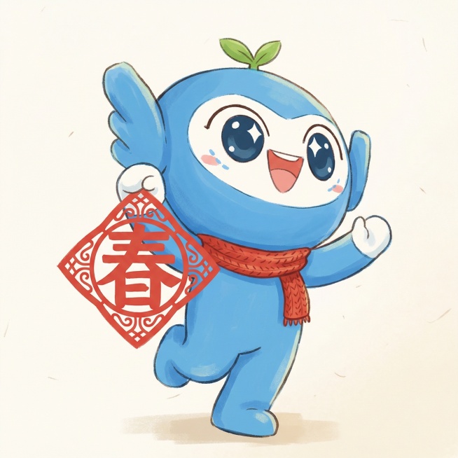 基于参考图中的ip形象，不改变颜色跟外貌，形象主体形象面带笑容，手持春字红色剪纸窗花，戴着红色围巾，卡通手绘风格，简单干净背景，方便后期抠图预览效果