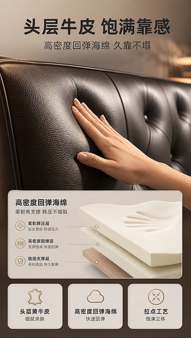 [商品] 使用【图1】意式轻奢头层牛皮软包实木床；保留床头软包拉点设计、深咖色牛皮材质、整体比例和结构；自然修复产品外观，增强皮革纹理光泽和缝线质感，不改变版型结构。
[画面] 目标：材质工艺页，证明头层牛皮与高密度回弹海绵品质。构图：上下分栏，上半部分皮革微距特写+手部触摸按压，下半部分海绵分层示意+3个材质标签。主体床头皮革特写占上半画面约50%，微距视角。阅读动线：顶部主标题→皮革特写→下方材质说明卡。前中后景：前景手部按压皮革、中景皮革纹理细节、后景虚化床头。场景：材质展示棚拍，暖调柔光打亮皮革纹理，凸显真皮毛孔与光泽。
[视觉] 套系策略：风格=现代意式轻奢商业家居摄影；标题字=现代无衬线粗体；正文字=简洁无衬线体；主色=深咖棕；背景延展=基于深咖棕做深浅层级、同色渐变和细腻哑光质感；强调色=香槟金，仅用于小面积图标、引线和标签；标题色=深炭灰；正文色=中暖灰；组件=圆角浅底信息卡、细线引线、胶囊卖点框；光影=左前侧暖柔光，侧窗自然光，柔和阴影。
[文字] 顶部主标题「头层牛皮 饱满靠感」，副标题「高密度回弹海绵 久靠不塌」。下半部分3个材质卡片：「头层黄牛皮 细腻亲肤」「高密度回弹海绵 快速回弹」「拉点工艺 饱满立体」，配小图标。文字不遮挡皮革主体。
[规格] 图片比例9:16竖版，4K分辨率，淘宝/天猫详情页适配，中文文案，避免变形、错字、文字过小、冷蓝背景、产品颜色改变、结构失真、极限词。