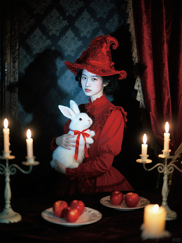 哥特风格与油画风交融，复古红衣少女怀抱白兔，烛光映衬神秘梦幻，古典优雅中透出奢华文艺感。