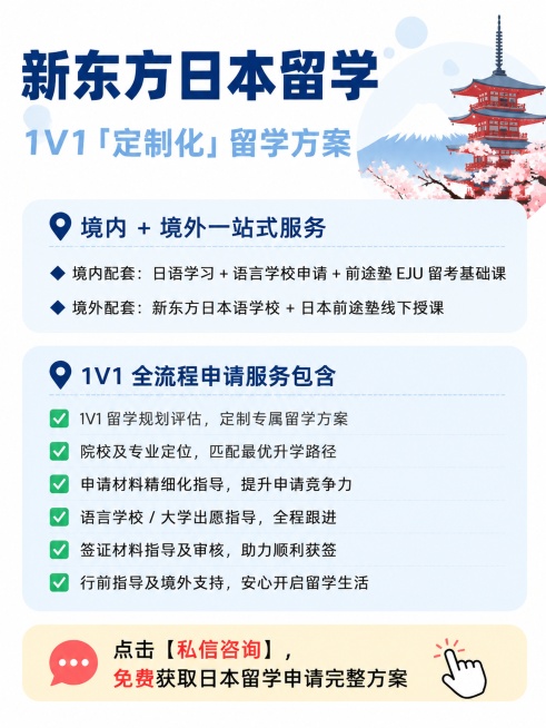 小红书留学科普海报，3:4竖版，保持同系列统一干净清新日式风格，白色背景，右上角添加富士山五重塔樱花插画和浅蓝装饰圆点。顶部深蓝色大标题："新东方日本留学"，浅蓝色副标题："1V1「定制化」留学方案"预览效果