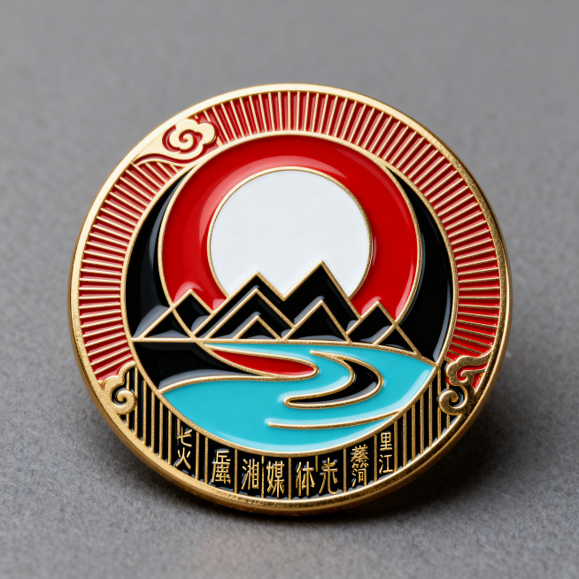 长沙城市抽象徽章设计，圆形金属徽章，中心对称构图，三环嵌套结构，内环圆形留白象征橘子洲，中环层叠折线代表岳麓山、流动曲线代表湘江，外环放射线条象征烟火气与媒体艺术之都，融入楚式云纹抽象变形与里耶秦简竖预览效果
