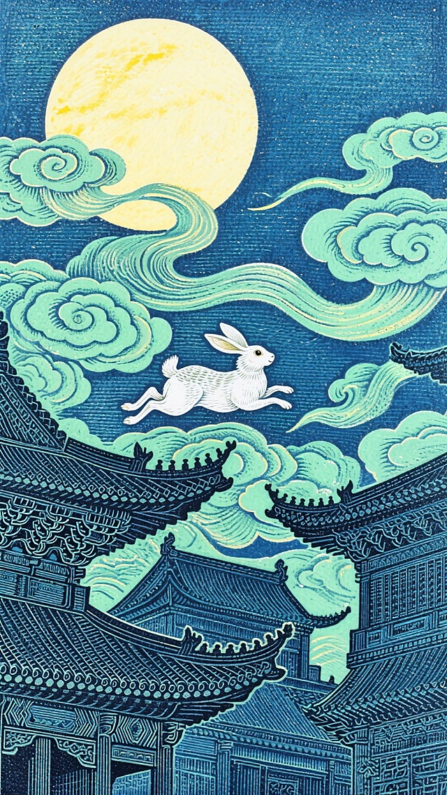 满月当空，祥云如浪翻卷，白兔跃于云端，下方古建飞檐层叠，似中秋夜从月宫奔来的精灵，满是古典神话的浪漫意趣。