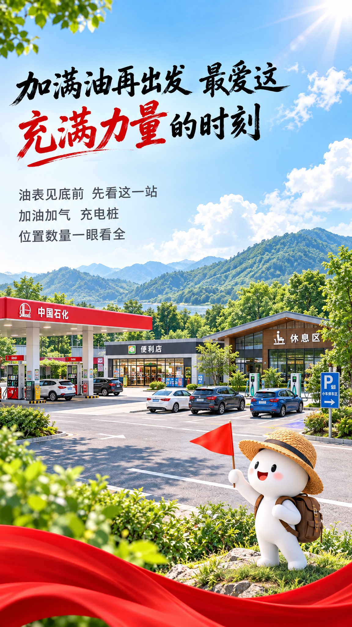 竖版高速公路服务区风景海报，蓝天白云阳光明媚，画面中有红色顶棚… - 图片创意预览