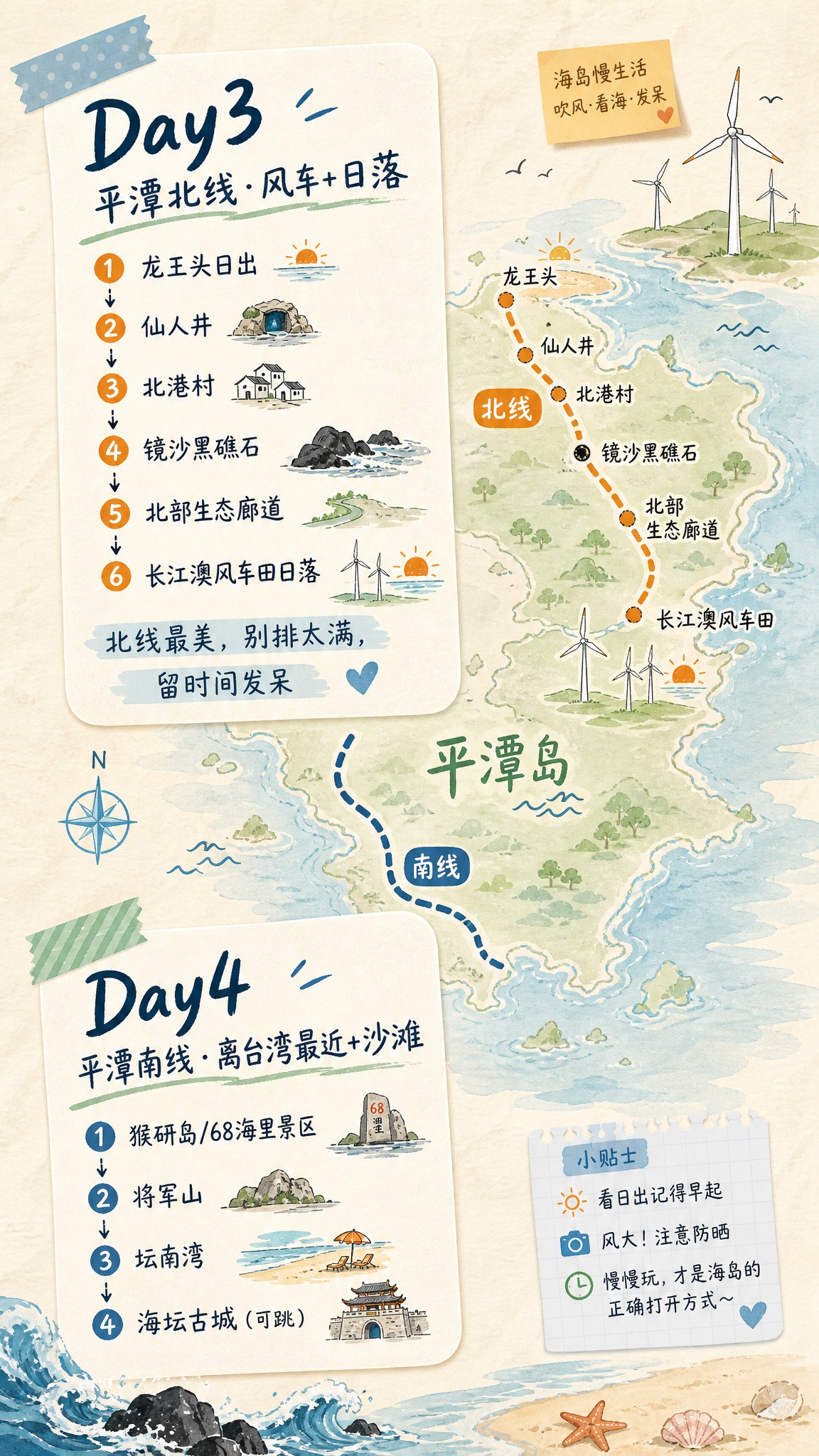 旅行手账风格竖版图，Day3-Day4平潭海岛行程。上方Day… - 图片创意预览