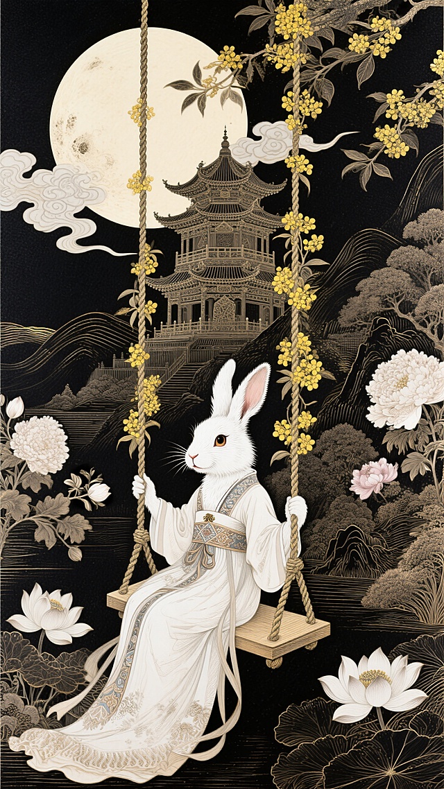 国潮，极繁主义，拟人化的白兔形象坐在秋千上，她的身后是广寒宫，她们居住在一轮巨大圆月上，秋千绳索装饰有桂花，祥云流动环绕整个画面，背景含大量中国风花卉元素和山水，迷幻，意识流，黑色背景