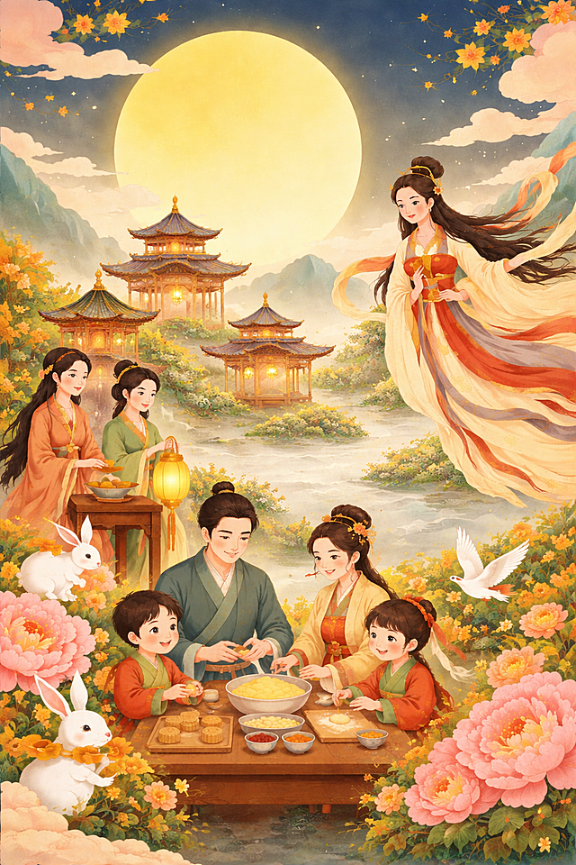 保留所有前景和人物元素，将满月下方的多层塔式古建筑群，更换为不同造型的中式传统亭子，保持国风新中式风格和整体中秋氛围不变