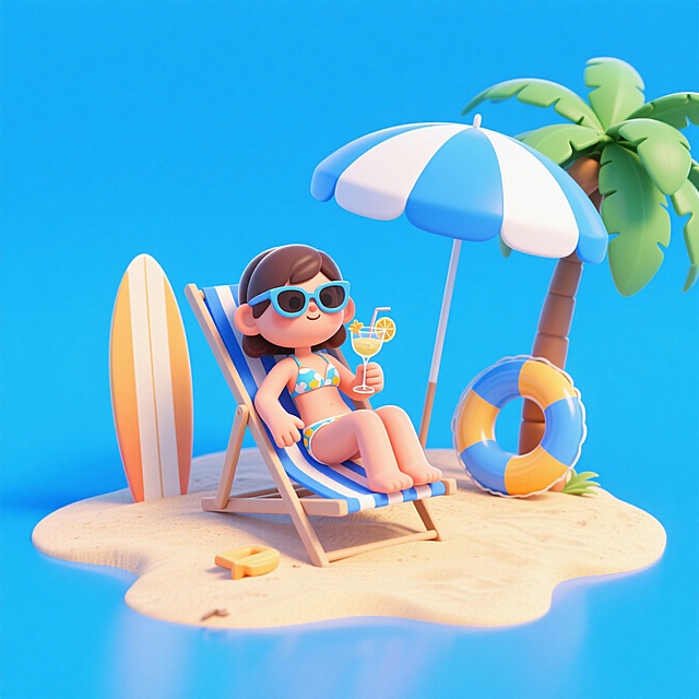清新软3D风，卡通少女沙滩度假，色彩明亮，夏日氛围浓厚。