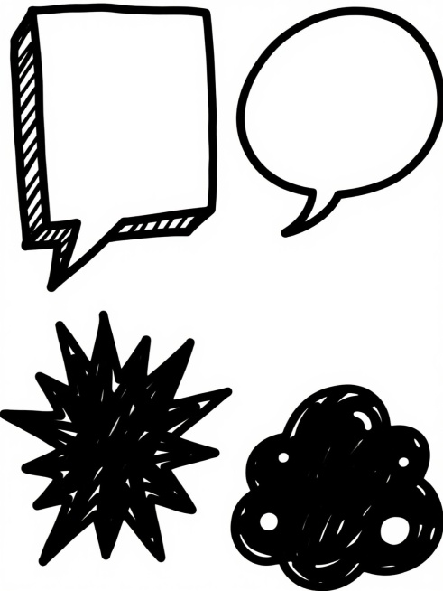 一套4个完全不同造型的手绘风格对话气泡元素集合，保持纯黑色粗线条手绘质感，线条带有自然的笔触起伏和些许毛边效果，每个气泡内部为纯白色填充，包含尖角或曲线形的出音口设计，分别为：1. 棱角分明的方形气泡搭配尖锐出音口，2. 圆润饱满的椭圆形气泡搭配柔和曲线出音口，3. 带有爆炸式放射状边缘的漫画风格气泡，4. 云朵状不规则轮廓气泡带有小圆形点缀，所有气泡规整排布于纯白色背景上，整体呈现简洁明快的……预览效果