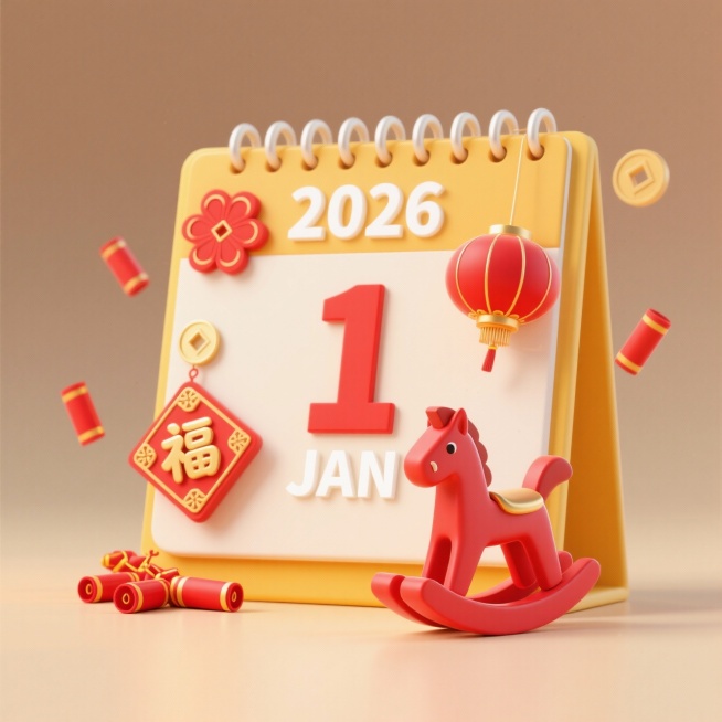 暖黄晕染正面立式台历，三行文字 “2026 1 JAN”，台历上点缀灯笼图案、福字装饰和红色小马，周围点缀红色鞭炮，浅棕色背景预览效果