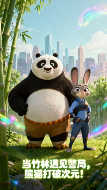 奇幻联动海报：熊猫与朱迪尼克并肩站立，城市天际线与竹林层叠融合，现代卡通风格，色彩明亮柔和带轻魔幻光效，画面底部留白用于添加电影标题文字，标题文字为"当竹林遇见警局，熊猫打破次元！"，字体圆润带发光描预览效果