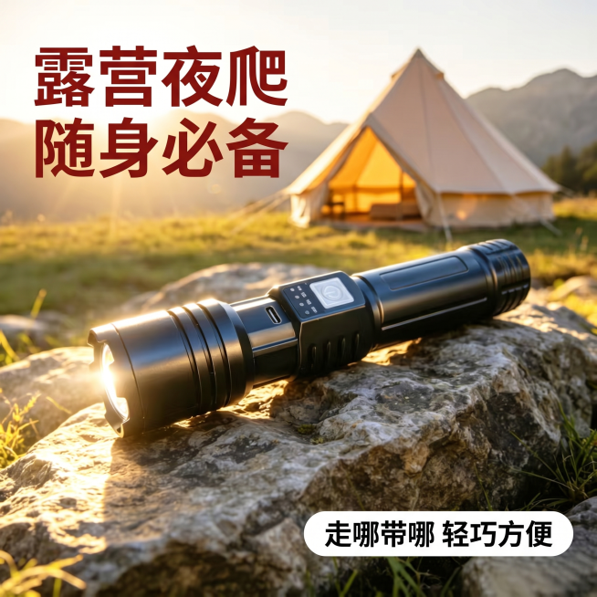 [主图-6] 户外露营场景使用高转化展示。
[氛围风格] 真实场景代入，激发购买欲
[画质] 真实户外摄影质感，自然通透
[元素] ABS变焦手电放置在户外露营地的岩石上，保持产品ABS外观材质颜色与预览效果