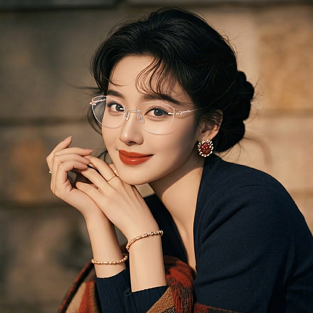 给人像添加这副无框眼镜，不改变人像原本的细节、构图和风格，只添加眼镜，眼镜样式保持不变