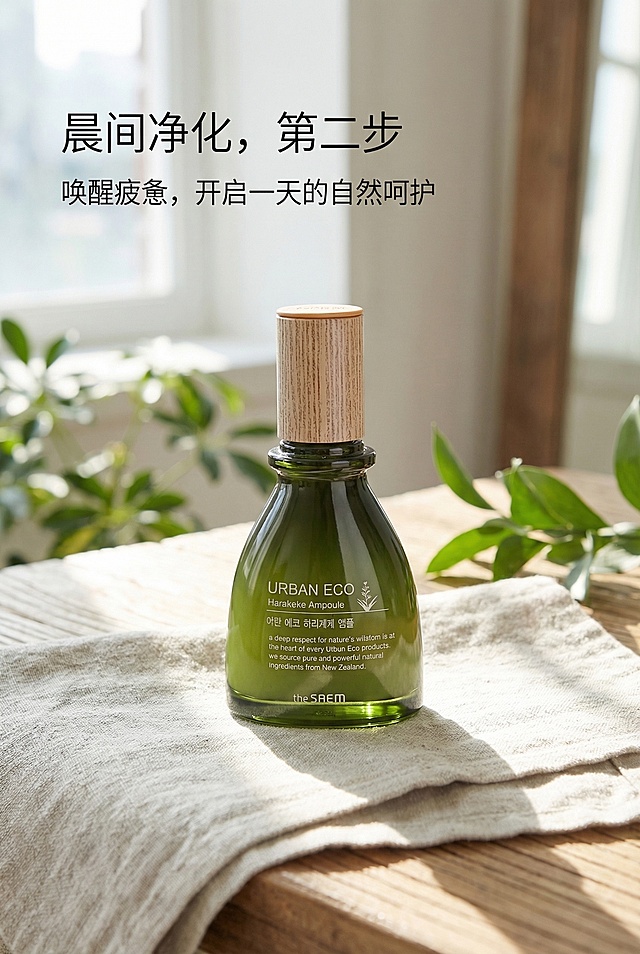 晨间生活杂志大片，阳光洒在极简的原木洗手台上，严格还原上传图中的深绿色产品瓶身、原木纹理瓶盖、LOGO位置及所有文字细节，瓶身以1:1物理比例直立置于一旁的麻布巾上，背景带有模糊的绿植。主标题："晨间净化，第二步"【黑色细黑体】；副标题："唤醒疲惫，开启一天的自然呵护"【黑色细黑体】，清新明亮氛围