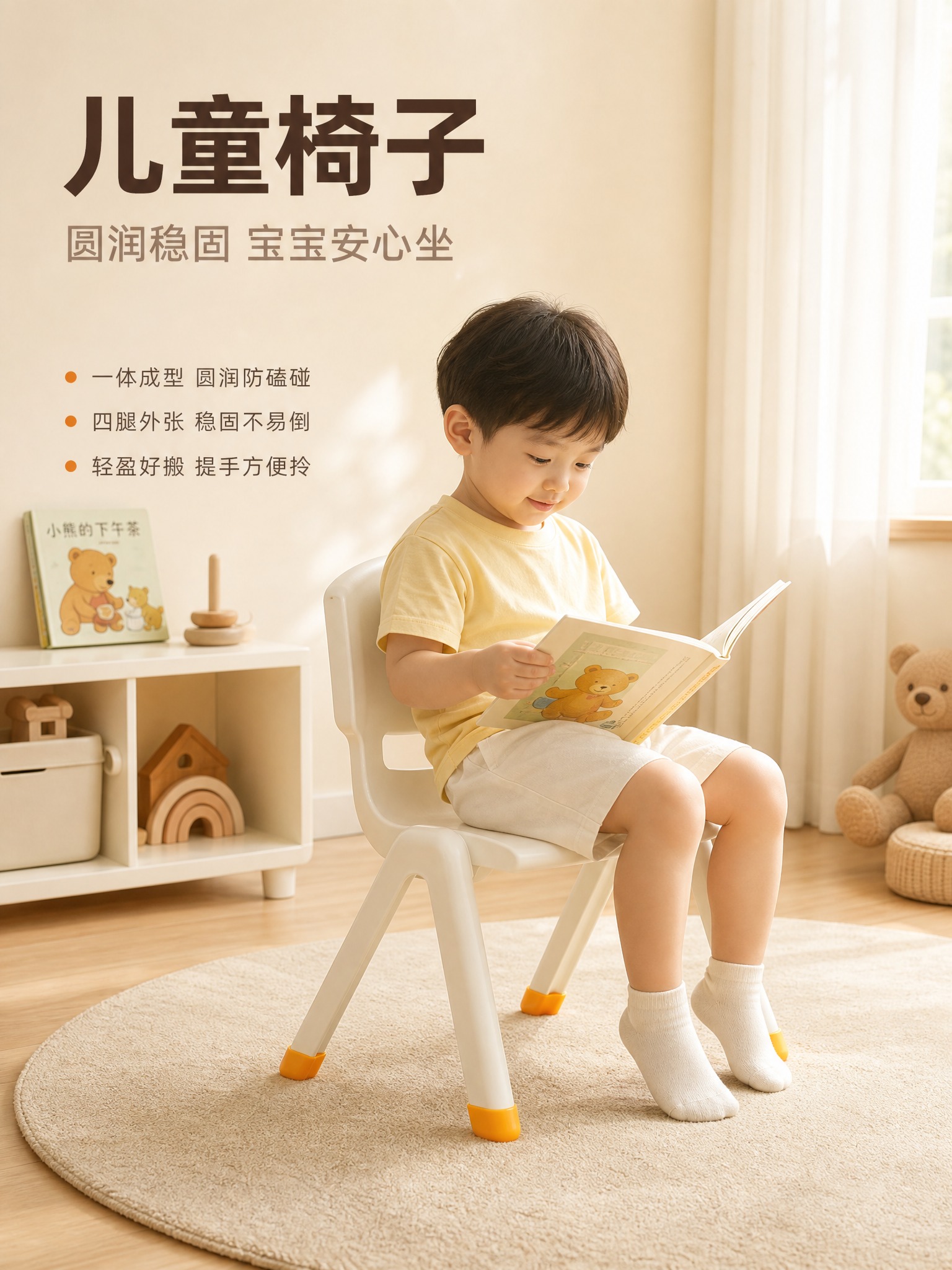 [主图-1] 儿童椅子空间场景氛围主图，展示产品在奶油风儿童房… - 图片创意预览